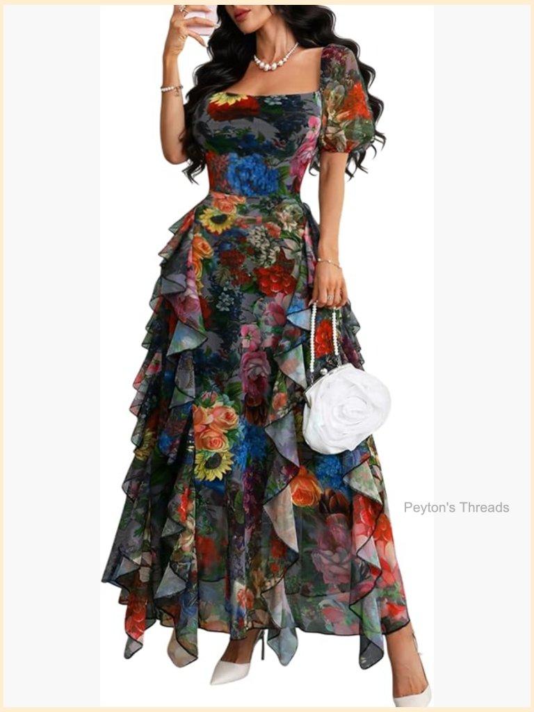 Floral Square Neck Puff Sleeve Sheer Ruffle Hem Maxi Dress